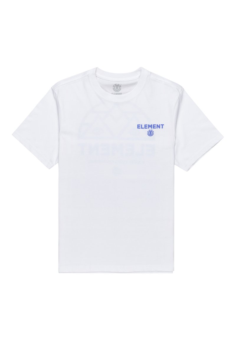 Biela tričko s krátkym rukávom vyrobené z bavlny, s nápisom "ELEMENT" vytlačeným modrou farbou na ľavej strane hrude a slabou grafickou logom na prednej strane.