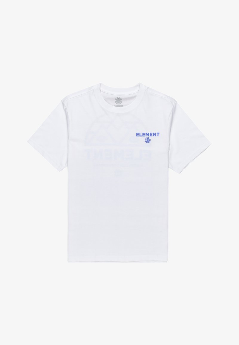 Witte T-shirt met korte mouwen van katoen, voorzien van "ELEMENT" in het blauw gedrukt op de linkerborst en een vage logoafbeelding op de voorkant.