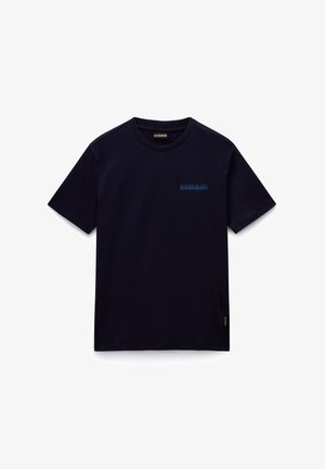 Navy blue cotton t-shirt with short sleeves, round neck, and small blue logo on the left chest. Simple design, no patterns or accents.