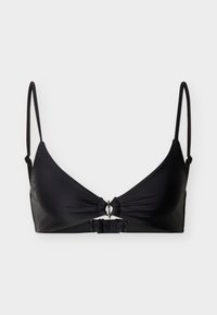 Haut de bikini noir à bonnets triangulaires, bretelles ajustables et détail central avec fermoir métallique. Tissu lisse et brillant au design minimaliste.