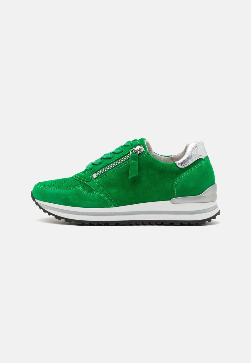 Green suede sneaker with silver accents, lace-up design, and side zipper. Features a textured surface and a black rubber sole.