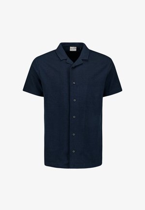 Marineblauwe overhemd met korte mouwen, een kampeerkraag en vijf zwarte knopen aan de voorkant.