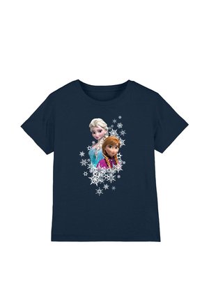 Navyblaues T-Shirt mit kurzen Ärmeln, das einen Druck von zwei weiblichen Comicfiguren zeigt, umgeben von weißen Schneeflocken. Aus Baumwollmaterial.