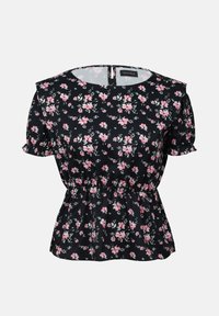 Svart blommig blus med korta ärmar, prydd med rosa blommor och en insvängd midja. Bakfästning med en liten nyckelhålssöm. Mjuk tyg.