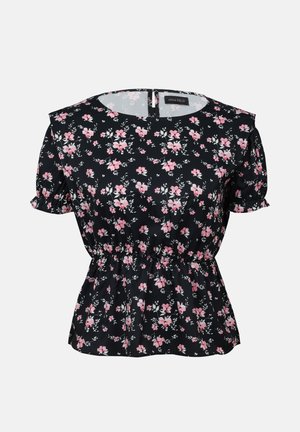 Blouse noire à fleurs avec des manches courtes, ornée de fleurs roses et d'une taille froncée. Fermeture au dos avec un petit détail en forme de trou de clé. Tissu doux.