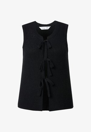 Black knitted vest featuring a ribbed texture, open front, and tie closure. No sleeves, with a straight cut and relaxed fit.