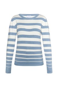 Maglione a righe con maniche lunghe, realizzato in tessuto morbido. Il design presenta righe orizzontali alternate di azzurro chiaro e bianco.