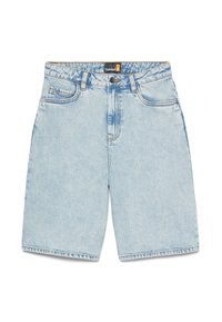Shorts en denim bleu clair avec une coupe droite, un design à cinq poches et des coutures visibles. Comprend un bouton supérieur et une fermeture éclair.
