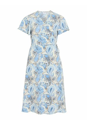 Hellblaues und beiges Paisley-Wickelkleid mit kurzen Ärmeln und V-Ausschnitt, Midi-Länge, aus leichtem Stoff.
