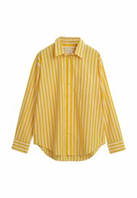 Camicia a righe gialle e bianche con maniche lunghe, chiusura con bottoni e taschino sul petto, realizzata in tessuto liscio e con design a colletto.