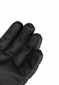 Schwarzer Lederhandschuh mit gepolsterten Fingern und einer strukturierten Oberfläche. Verfügt über glatte Nähte entlang der Kanten und ein nahtloses Design.