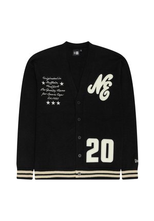 Black cardigan with a V-neck and button closure. Features white embroidered text and numbers, cream accents, and striped cuffs.