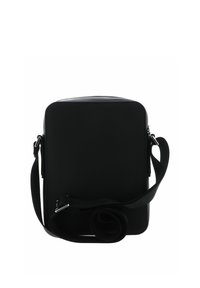 Black rectangular messenger bag with a smooth fabric finish, adjustable strap, and silver hardware, featuring a zip closure at the top.