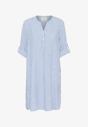 Randig blå och vit tunika med mandarin-krage, knapplist och rullade korta ärmar, tillverkad av lättviktsmaterial.