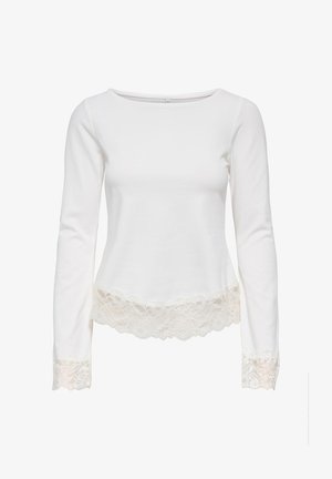 Witte top met lange mouwen en boothals, afgewerkt met een kanten rand aan de manchetten en zoom, met een bloemenpatroon op het kant.