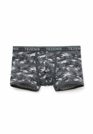 Men's gray and black camouflage boxer briefs with elastic waistband branded "TEZENIS" in light blue letters.