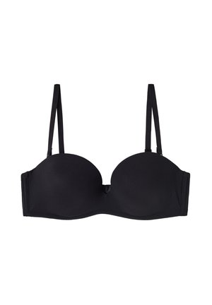 Soutien-gorge rembourré noir avec des bretelles ajustables fines, texture lisse, et fermeture à crochets au dos. Aucun motif visible ni embellissements.