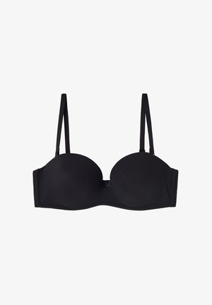 Schwarzer gepolsterter BH mit dünnen verstellbaren Trägern, glattem Material und einem Hakenverschluss auf der Rückseite. Keine sichtbaren Muster oder Verzierungen.