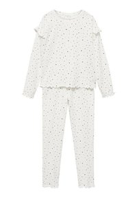 Valkoinen pyjama-asusetti mustalla tähtikuviolla. Pitkähihainen toppi, jossa on röyhelöhihat ja aaltoilevat reunat; yhteensopivat istuvat housut samankaltaisilla yksityiskohdilla.