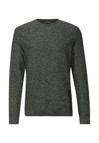 Tummanvihreä neulottu pusero, jossa on pyöreä pääntie, pitkät hihat ja teksturoitu pinta. Varustettu resoroiduilla hihansuuilla ja helmalla.