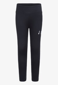 Leggings sportivi neri con vita alta, caratterizzati da una superficie in tessuto liscia e da lettere bianche sulla gamba sinistra. Senza pattern visibili o accessori.