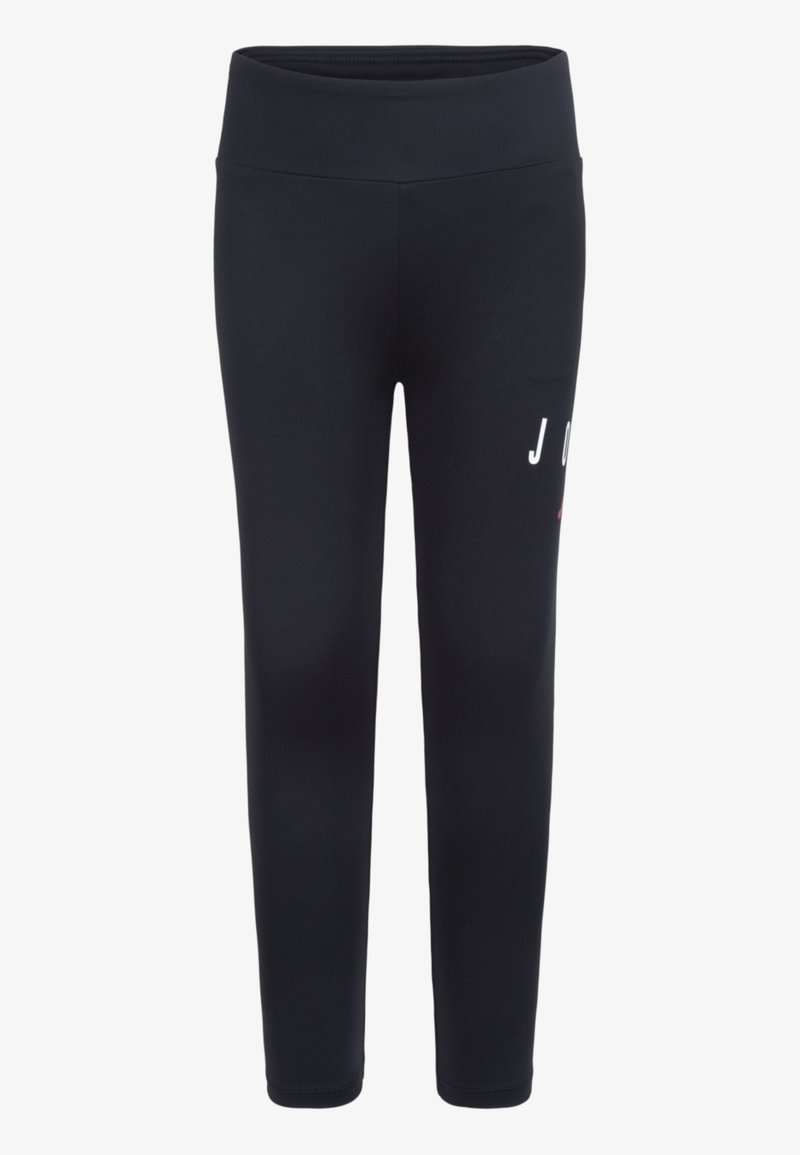 Leggings sportivi neri con vita alta, caratterizzati da una superficie in tessuto liscia e da lettere bianche sulla gamba sinistra. Senza pattern visibili o accessori.