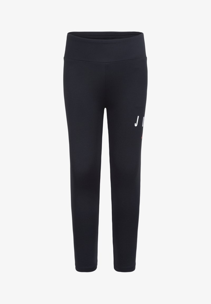 Leggings deportivos negros con una cinturilla alta, que presentan una textura de tela suave y letras blancas en la pierna izquierda. Sin patrones visibles ni herrajes.