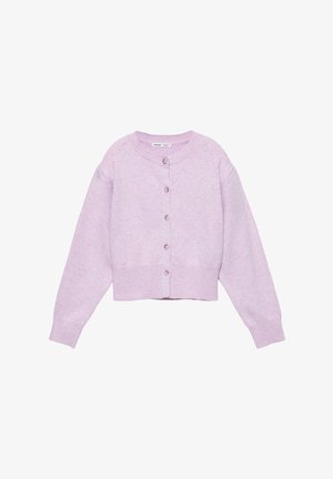 Svetlofialový cropovaný kardigán vyrobený z mäkkej pleteniny. Má okrúhly výstrih, dlhé rukávy a zapínanie na gombíky vpredu.