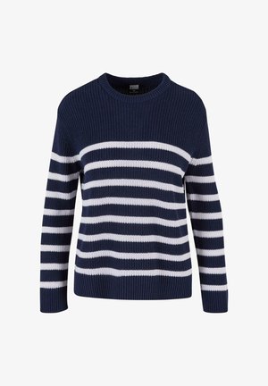 Sötétkék kötött pulóver, vízszintes fehér csíkokkal, bordás textúrával, kerek nyakkal és hosszú ujjakkal.