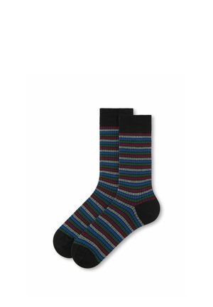 Paire de chaussettes noires montantes à texture côtelée avec des rayures horizontales bleu, vert, gris et bordeaux.