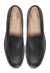 Black leather loafers with a square toe, smooth texture, and minimalistic design. Features gold logo detail on the insole.