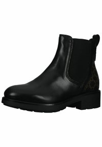 Bottine en cuir noir avec panneaux latéraux en élastique, dos texturé avec un motif noir et marron, bout arrondi et un petit talon épais.