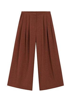 Bruine brede broekspijpen met plooien aan de voorkant en een hoge tailleband, gemaakt van een gladde stof.