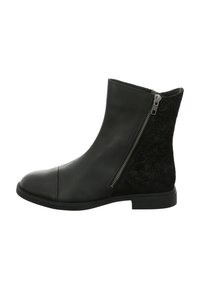 Schwarze Stiefeletten mit einer glatten Lederfront und einem strukturierten Samtbesatz hinten, ausgestattet mit einem seitlichen Reißverschluss und einem niedrigen Blockabsatz.