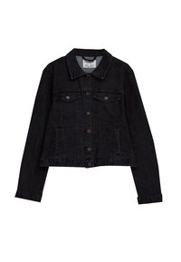 Zwarte spijkerjas met een kraag, knoopsluiting aan de voorkant, twee borstzakken en zijzakken; heeft een klassiek gestructureerd ontwerp en een tekstuur in de stof.