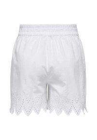 Weiße Baumwollshorts mit einem gewellten Saum, der mit Lochstickerei verziert ist. Elastischer Bund für einen bequemen Sitz.