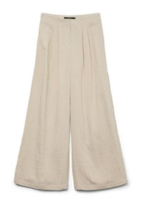 Beige linnen broek met brede pijpen, voorplooien, hoge taille en verborgen gulp.
