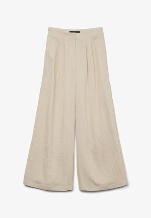 Béžové kalhoty z lnu s širokými nohavicemi, předními záhyby, vysokým pasem a skrytým zapínáním na zip.