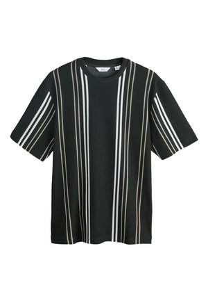 Fekete, rövid ujjú bordázott póló, egyenletesen elhelyezkedő, függőleges fehér, bézs és szürke csíkokkal az elején és az ujjain.