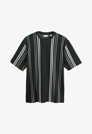 Fekete, rövid ujjú bordázott póló, egyenletesen elhelyezkedő, függőleges fehér, bézs és szürke csíkokkal az elején és az ujjain.