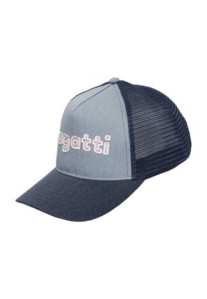 Blue and navy mesh trucker cap with curved brim and embroidered "Bugatti" logo on front panel.
