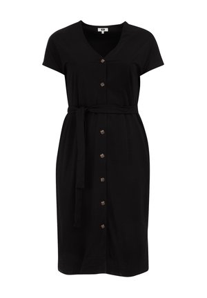 Fekete ruha puha anyagból, V-nyakkal, rövid ujjakkal, elöl gombos záródással, derékrészen megkötővel és díszgombokkal.