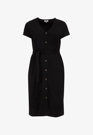 Zwarte jurk van zacht stof, met een V-hals, korte mouwen, een voorste knoopsluiting, een tailleband en decoratieve knopen.