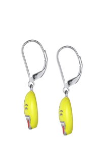 Boucles d'oreilles jaunes en émoji avec un design de visage souriant. Fabriquées en plastique, dotées de crochets à bascule en métal argenté. Légères et amusantes.