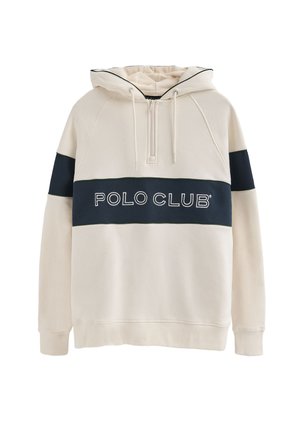 Cremefarvet hættetrøje lavet af blødt stof, med en mørkeblå vandret stribe med "POLO CLUB"-logo, hætte med snøre og ribbede manchetter.