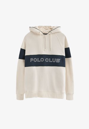 Cremefarvet hættetrøje lavet af blødt stof, med en mørkeblå vandret stribe med "POLO CLUB"-logo, hætte med snøre og ribbede manchetter.