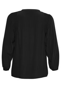 Bluza neagră cu mâneci lungi și bufante. Are un panou texturat pe umeri și un material neted. Guler rotund și croială lejeră.