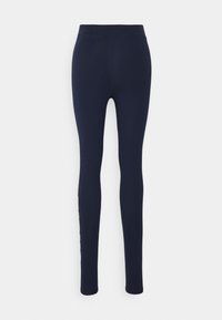 Navy leggings in a stretchy fabric with a smooth texture, featuring a high waistband and a logo detail on the side.
