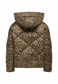 Quilted puffer jacket in brown with leopard print, featuring a hood and diamond pattern stitching, designed for warmth and comfort.