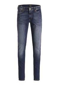 Tmavomodré slim-fit džínsy so vyblednutými detailmi, zapínanie na gombík a zips, pútka na opasok a päťvreckový dizajn.